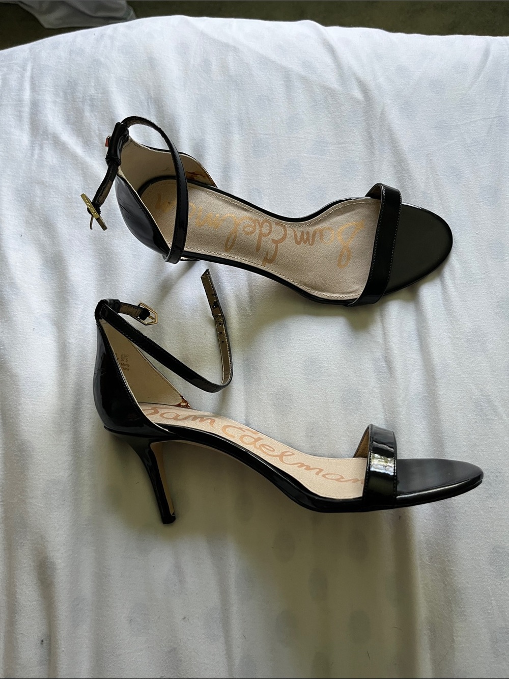 Sam Edelman Black Patent Ankle-Strap Mid-Heel Sandals